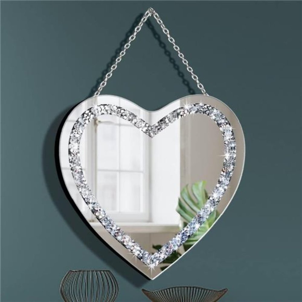 Crystal Crush Diamond Heart Shaped Silver Mirror with SilverStainless SteelChain